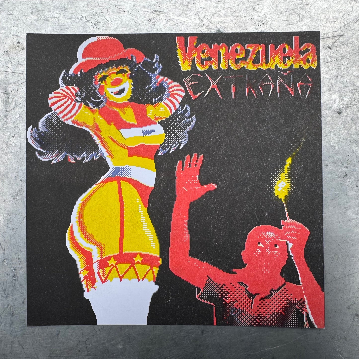 Colorful graphic design with text on a textured surface