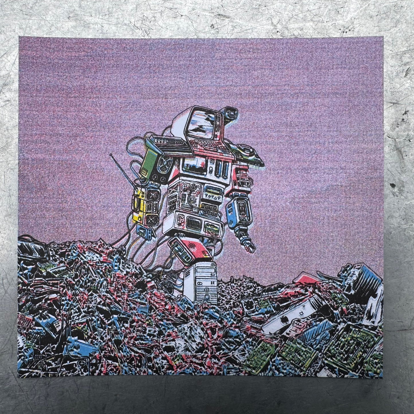 Artistic depiction of a robot face made from electronic components on a textured purple background.