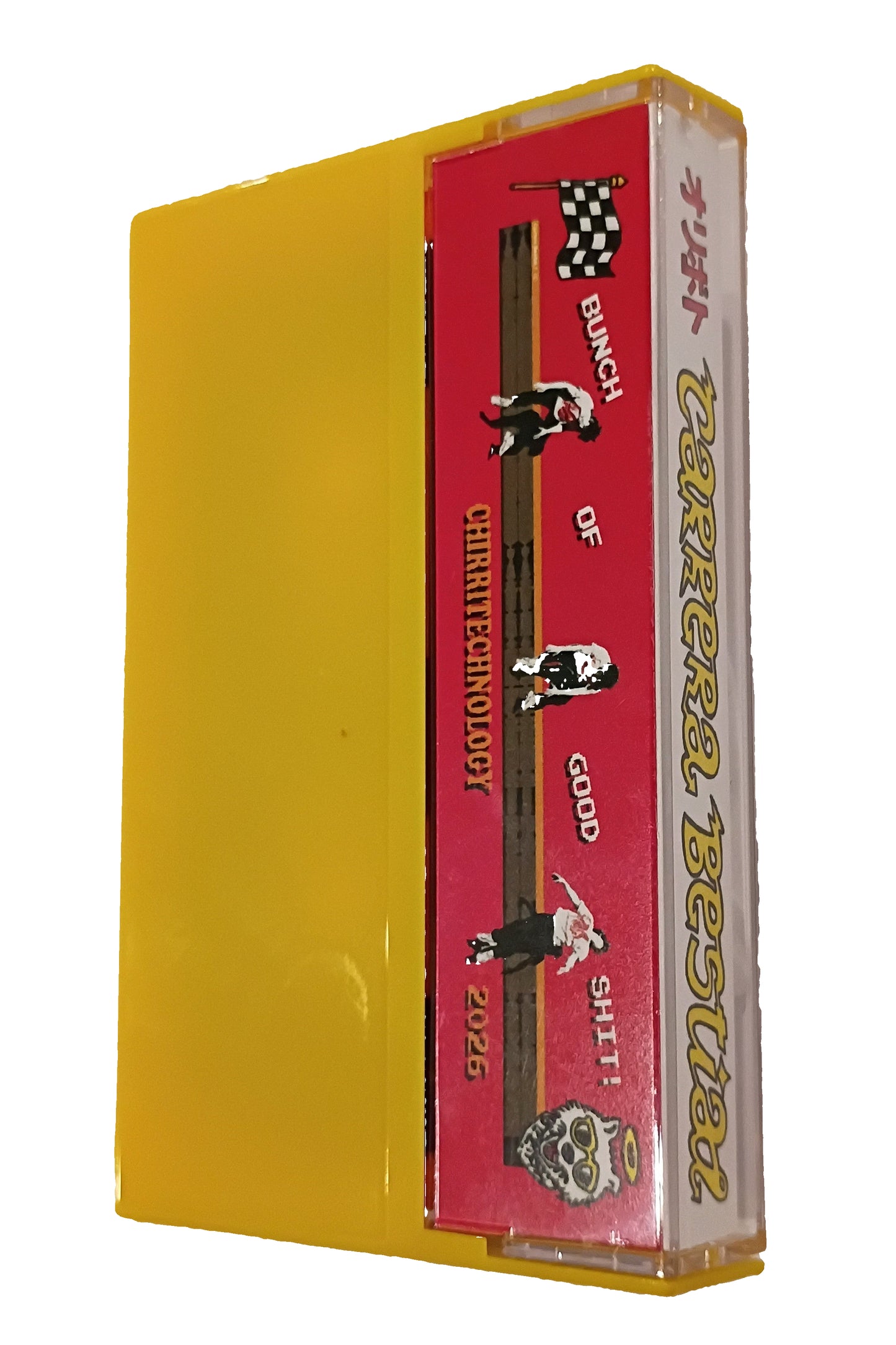 Cassette tape with a red label featuring text and graphics on a white background