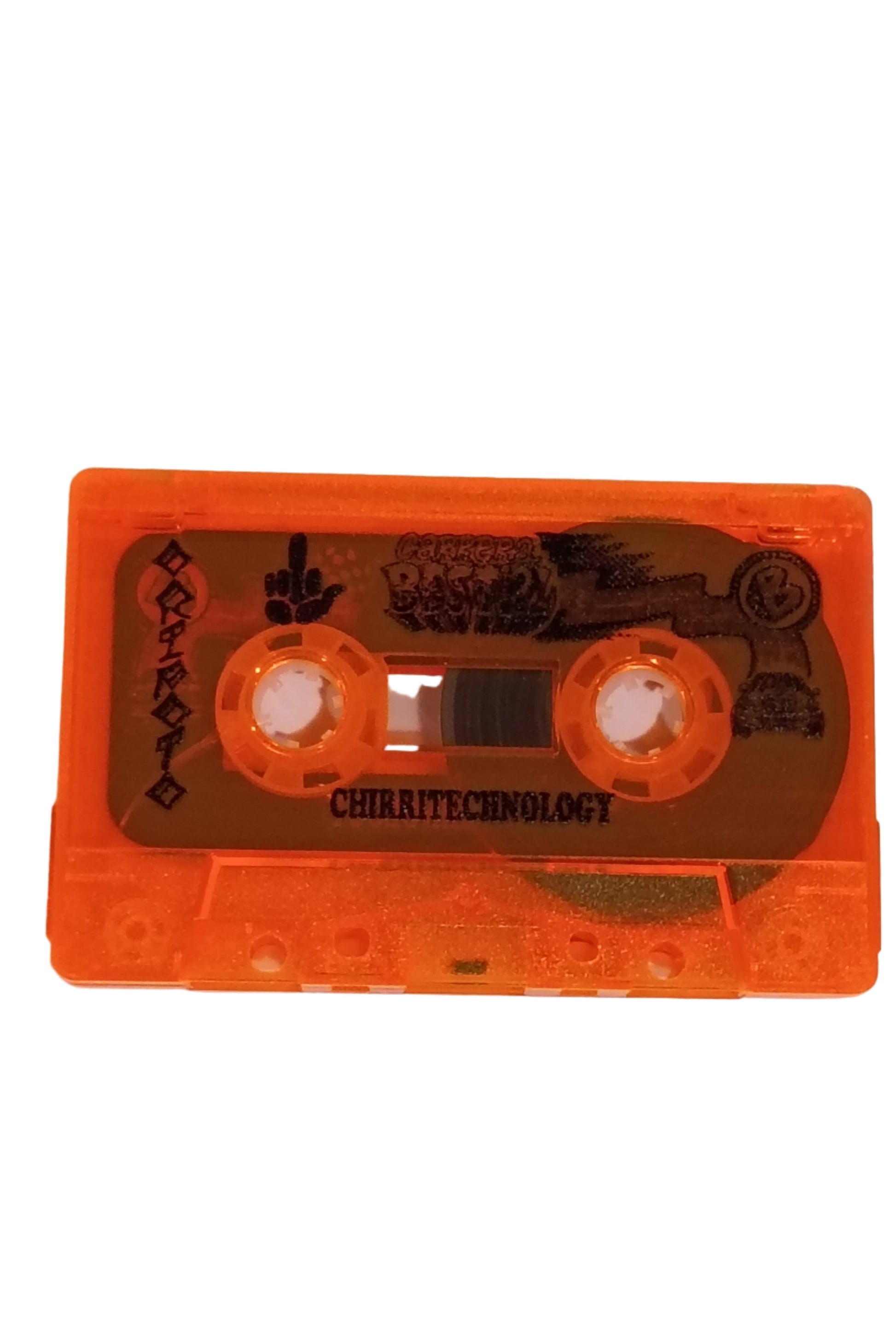Orange cassette tape with visible label on a white background