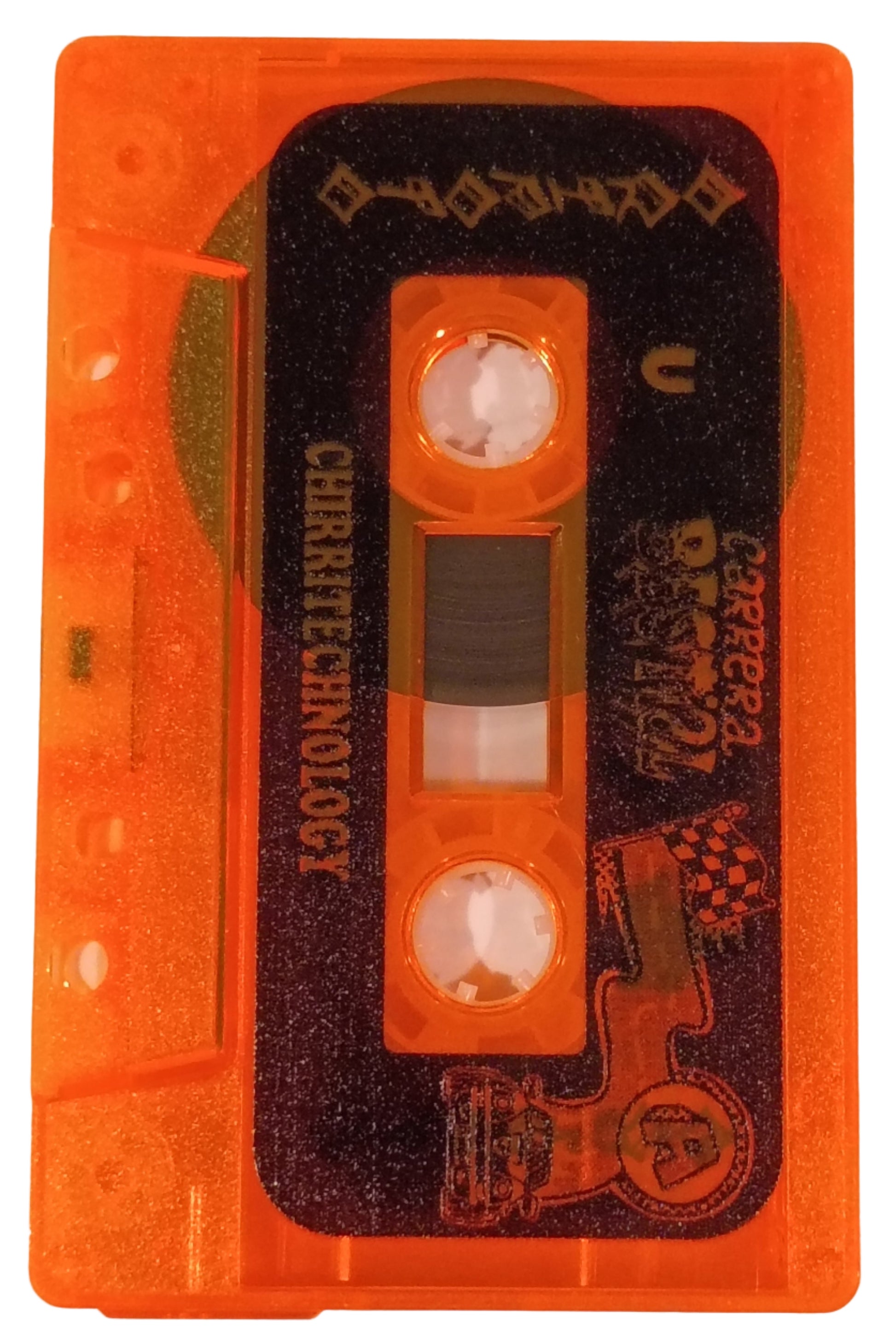 Orange cassette tape with visible branding on a white background