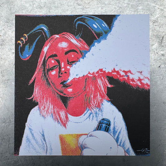 Colorful illustration of a character with red hair and blue accents on a textured gray background