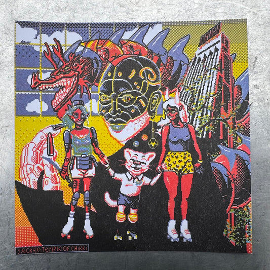 Colorful mosaic artwork of a woman with mechanical elements on a textured surface