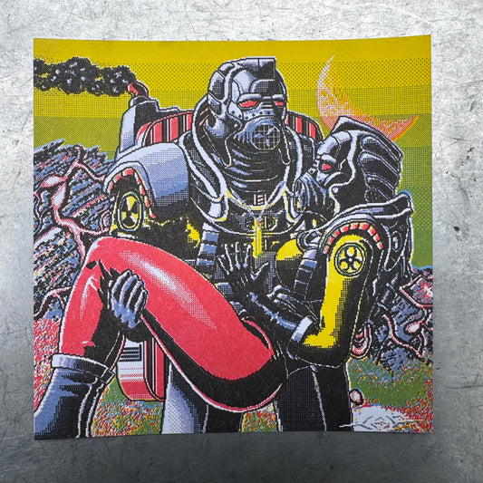 Colorful illustration of a robot with a red and black design on a textured gray background
