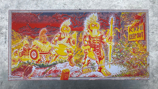 Decorative mat with intricate designs and colors on a textured surface