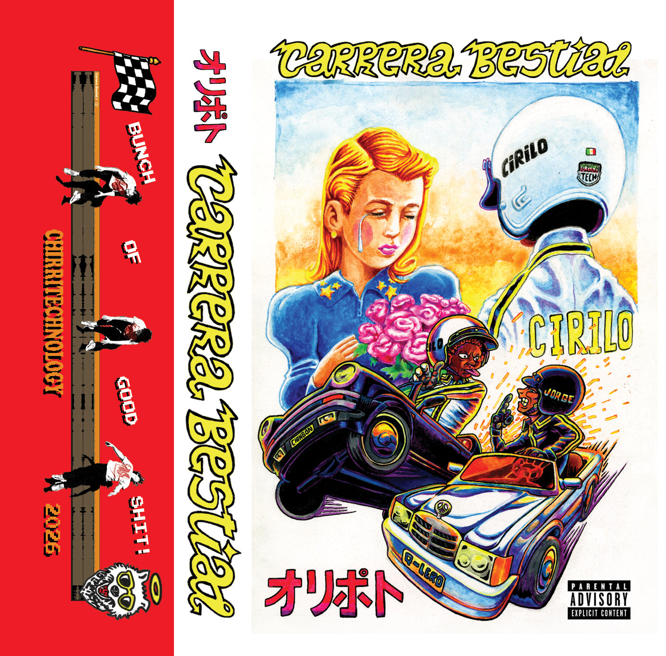Album cover with colorful design featuring a person, helmet, and racing elements on a white background.