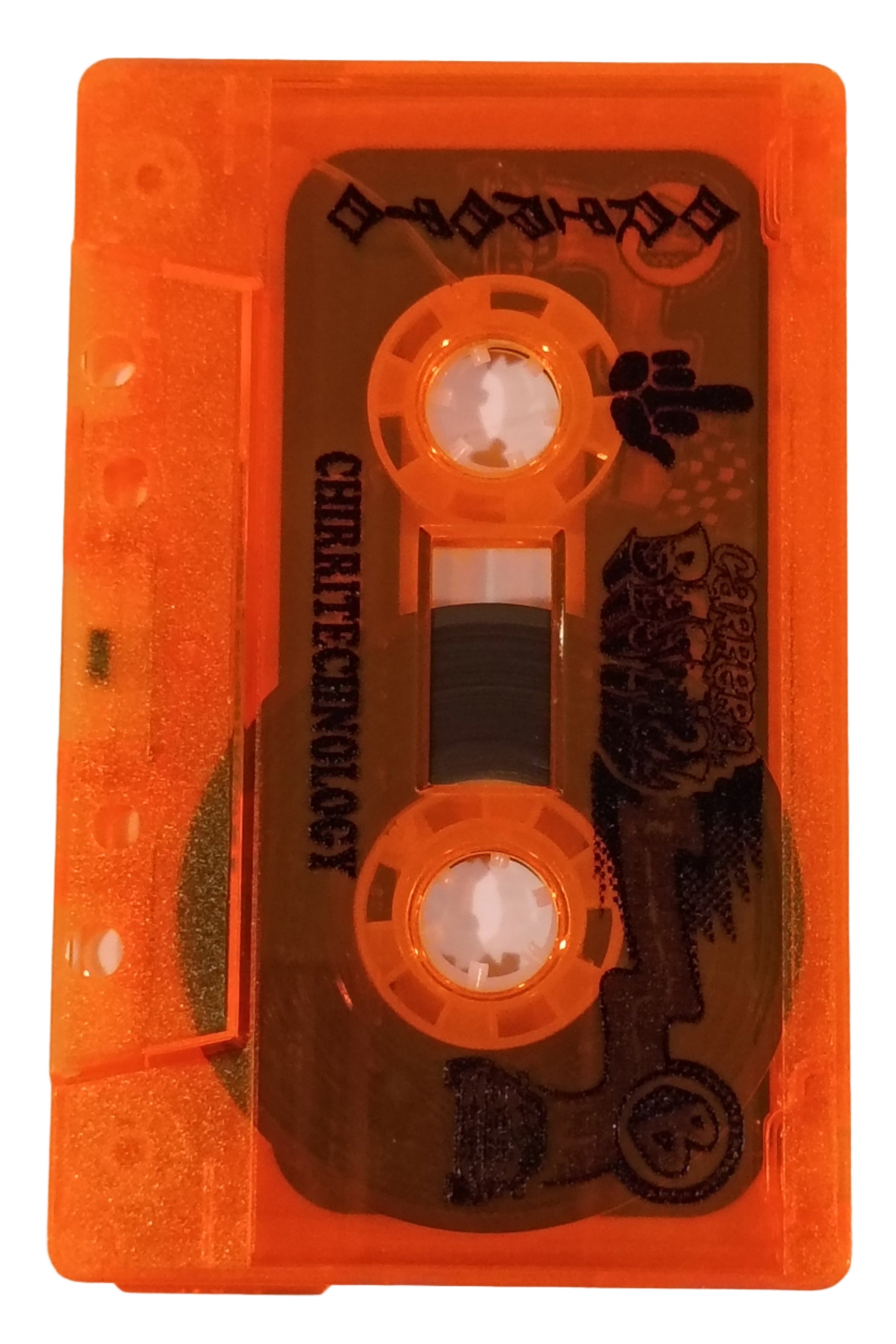 Transparent orange cassette tape with black text on a white background