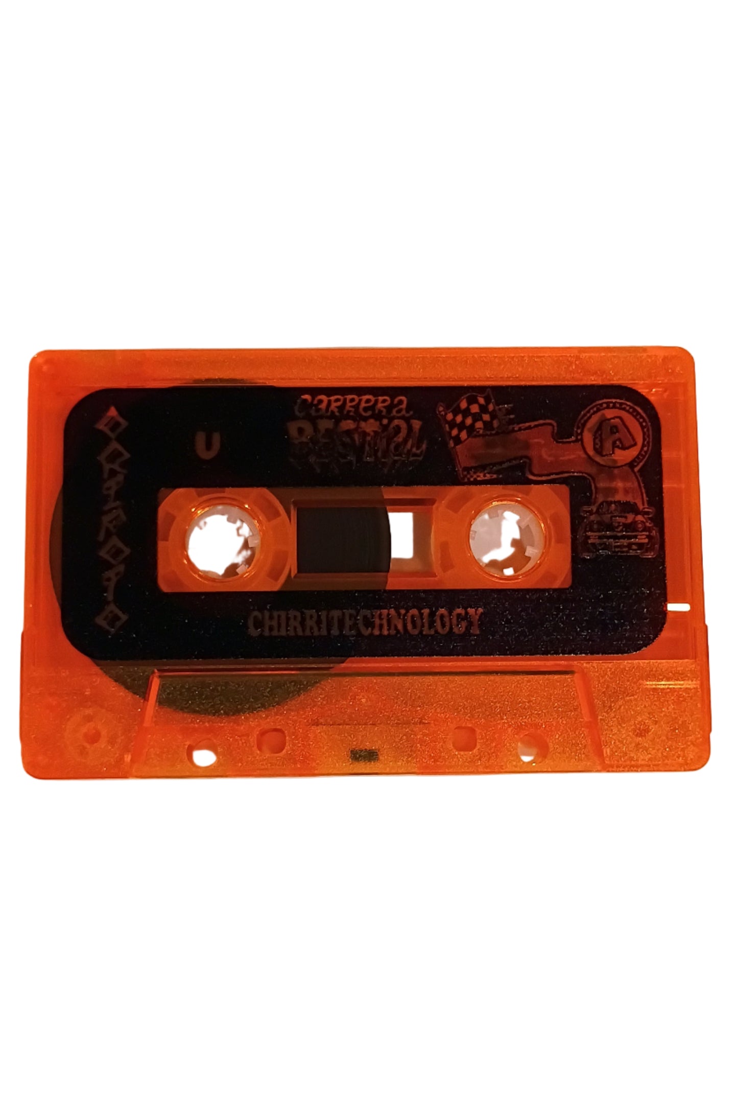 Orange cassette tape with visible branding on a white background
